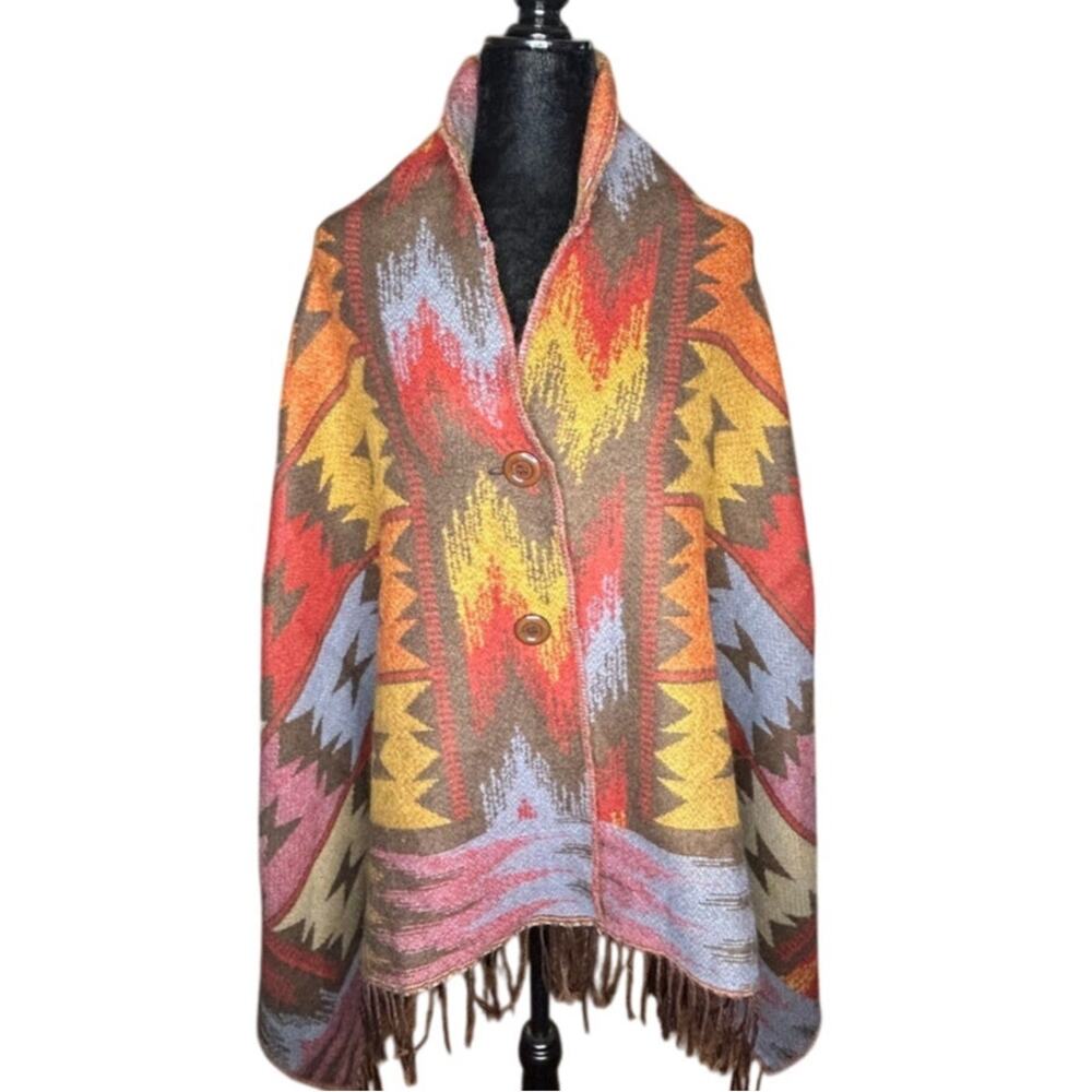 Euty Southwestern Boho Cape wrap with fringe Women's OS